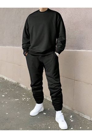 Erkek Düz Eşofman Takımı Sweatshirt Jogger - Siyah Oversize Şardonlu Bisiklet Yaka
