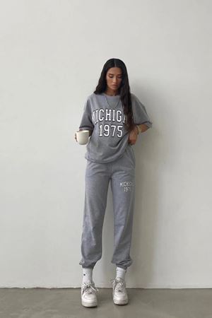 Michigan T-shirt Eşofman Altı Jogger - Gri Baskı Alt Üst Eşofman Takımı Oversize Bisiklet Yaka