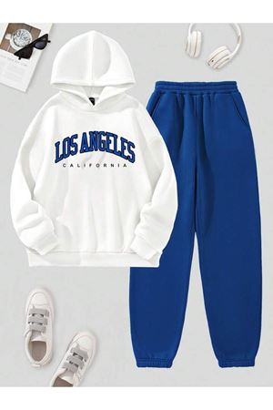 Los Angeles Eşofman Takımı Beyaz Sweatshirt Sax Mavi Jogger - Baskılı Oversize Şardonlu Kapüşonlu