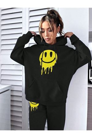 Emoji Eşofman Takımı Sweatshirt Jogger - Siyah Baskılı Oversize Şardonlu Kapüşonlu