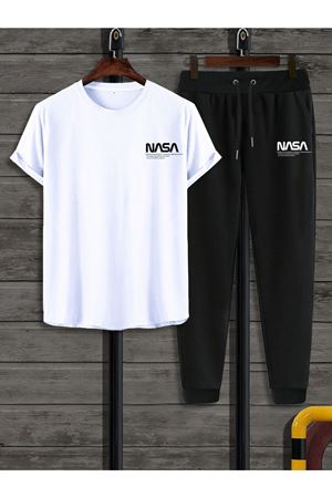 Nasa Beyaz T-shirt Siyah Eşofman Altı Jogger - Baskılı Alt Üst Eşofman Takım Oversize Bisiklet Yaka