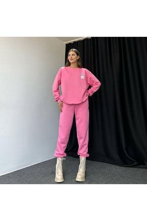 M Melbourne Eşofman Takımı Sweatshirt Jogger - Pembe Baskılı Oversize Şardonlu Bisiklet Yaka