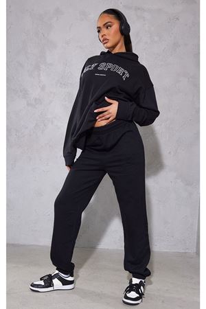 Plt Sport Eşofman Takımı Sweatshirt Jogger - Siyah Baskılı Oversize Şardonlu Kapüşonlu Lastik Paça