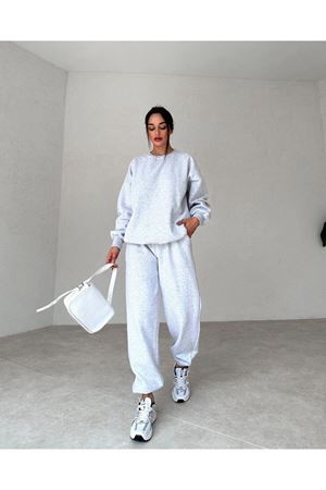 Basic Düz Eşofman Takımı Sweatshirt - Gri Oversize Şardonlu Bisiklet Yaka