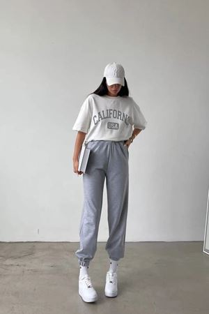 California Beyaz Usa T-shirt Gri Eşofman Altı Jogger - Baskılı Alt Üst Takım Oversize Bisiklet Yaka