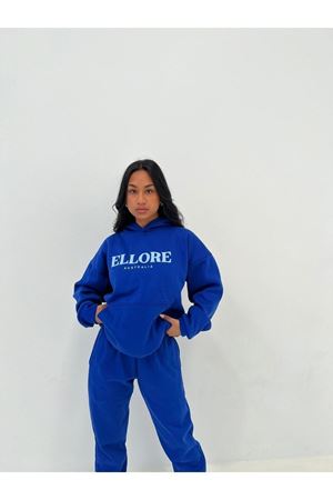 Ellore Eşofman Takımı Sweatshirt Jogger - Sax Mavi Baskılı Oversize Şardonlu Kapüşonlu