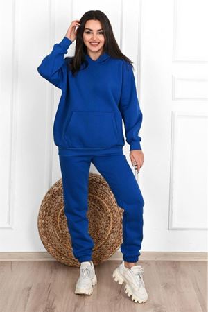 Düz Basic Eşofman Takımı Sweatshirt Jogger - Sax Mavi Oversize Şardonlu Kapüşonlu