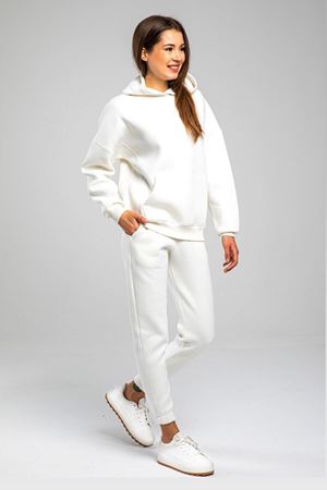 Düz Basic Eşofman Takımı Sweatshirt Jogger - Beyaz Oversize Şardonlu Kapüşonlu