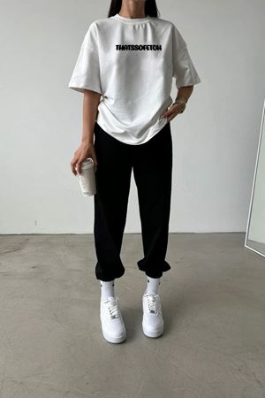 Thatssofetch Beyaz T-shirt Siyah Eşofman Altı Jogger - Baskılı Alt Üst Takım Bisiklet Yaka