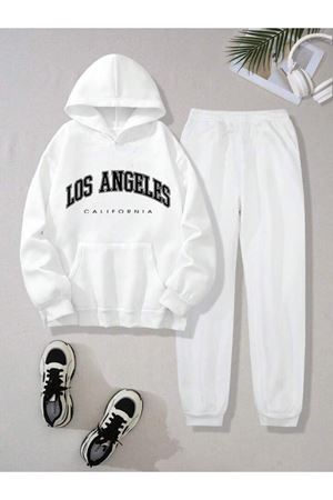 Los Angeles Eşofman Takımı Sweatshirt Jogger - Beyaz Baskılı Oversize Şardonlu Kapüşonlu
