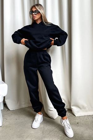 Basic Düz Eşofman Takımı Sweatshirt Jogger - Siyah Oversize Şardonlu Kapüşonlu