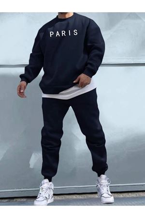 Paris Yazılı Eşofman Takımı Sweatshirt Jogger - Lacivert Baskılı Oversize Şardonlu Bisiklet Yaka