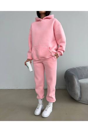 Baskısız Eşofman Takımı Sweatshirt Jogger - Pembe Oversize Şardonlu Kapüşonlu