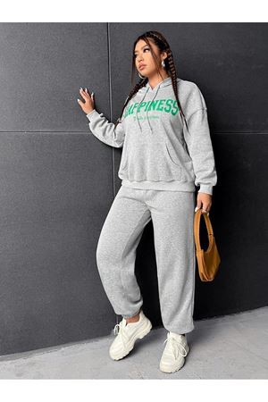 Eşofman Takımı Sweatshirt Jogger - Gri Baskılı Oversize Şardonlu Kapüşonlu