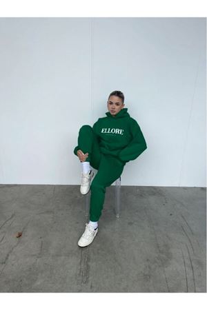 Ellore Australia Eşofman Takımı Sweatshirt Jogger - Yeşil Baskılı Oversize Şardonlu Kapüşonlu