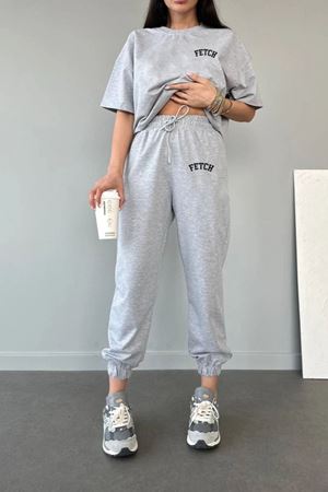 Fetch T-shirt Eşofman Altı Jogger Gri Baskılı Alt Üst Eşofman Takımı Oversize Bisiklet Yaka