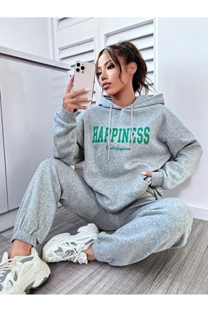 Happiness Eşofman Takımı Sweatshirt Jogger - Gri Baskılı Oversize Şardonlu Kapüşonlu