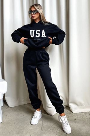 Usa Eşofman Takımı Sweatshirt Jogger - Siyah Baskılı Oversize Şardonlu Kapüşonlu