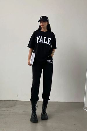 Yale T-shirt Eşofman Altı Jogger - Siyah Baskı Alt Üst Eşofman Takımı Oversize Bisiklet Yaka