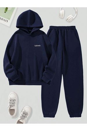 California Yazılı Eşofman Takımı Sweatshirt Jogger - Lacivert Baskılı Oversize Şardonlu Kapüşonlu