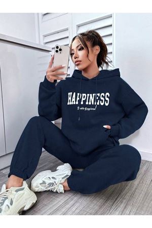 Happiness Eşofman Takımı Sweatshirt Jogger - Lacivert Baskılı Oversize Şardonlu Kapüşonlu