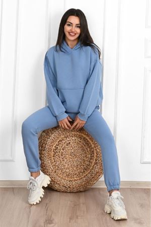 Düz Basic Eşofman Takımı Sweatshirt Jogger - Bebe Mavisi Oversize Şardonlu Kapüşonlu