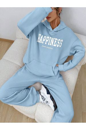 Happiness Eşofman Takımı Sweatshirt Jogger - Bebe Mavisi Baskılı Oversize Şardonlu Kapüşonlu