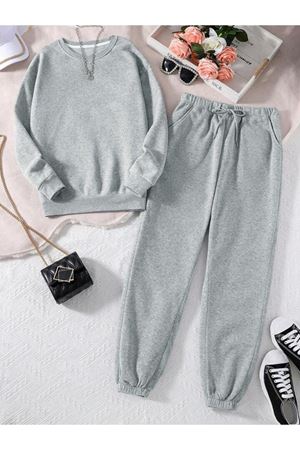 Baskısız Düz Eşofman Takımı Sweatshirt Jogger - Gri Oversize Şardonlu Bisiklet Yaka