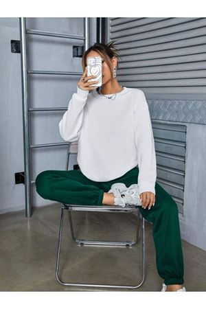 Basic Düz Eşofman Takımı Beyaz Sweatshirt Yeşil Jogger - Oversize Şardonlu Bisiklet Yaka