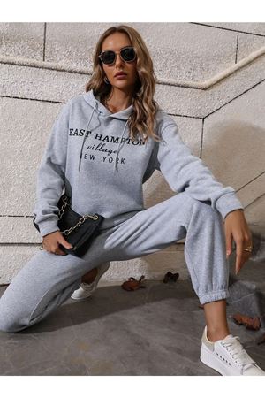 Hampton Eşofman Takımı Sweatshirt Jogger - Gri Baskılı Oversize Şardonlu Kapüşonlu Lastik Paça