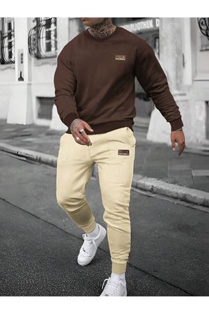Make İt Eşofman Takımı Sweatshirt Jogger - Üst Kahverengi Alt Bej Oversize Şardonlu Bisiklet Yaka
