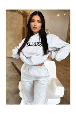 Ellore Australia Eşofman Takımı Sweatshirt Jogger - Gri Baskılı Oversize Şardonlu Kapüşonlu