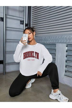 Brooklyn New York Yazı Eşofman Takımı Beyaz Sweatshirt Siyah Jogger - Baskılı Oversize Bisiklet Yak