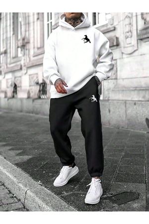At Baskılı  Eşofman Takımı Sweatshirt Jogger - Üst Beyaz Alt Siyah Oversize Şardonlu Kapüşonlu