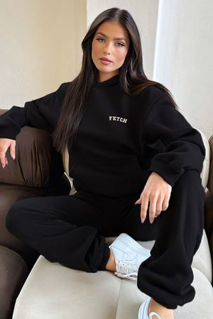 Fetch Baskılı Eşofman Takımı Sweatshirt Jogger - Siyah Baskılı Oversize Şardonlu Kapüşonlu