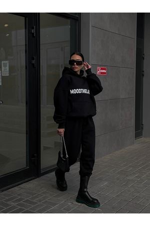 Mood The Label Kışlık Eşofman Takımı - Siyah Baskılı Kapüşonlu Oversize Şardonlu