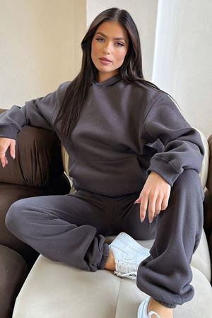 Basic Düz Eşofman Takımı Sweatshirt Jogger - Füme Oversize Şardonlu Kapüşonlu
