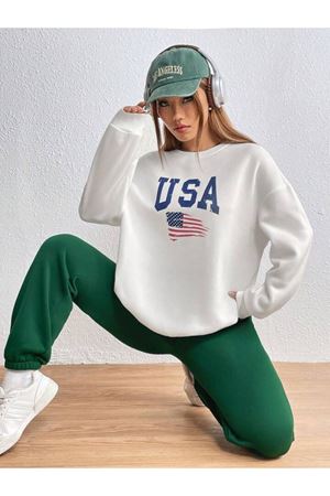 Usa Bayrak Eşofman Takımı Beyaz Sweatshirt YeşilJogger - Baskılı Oversize Şardonlu Bisiklet Yaka