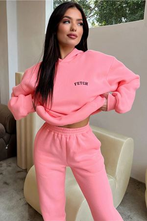 Fetch Baskılı Eşofman Takımı Sweatshirt Jogger - Pembe Oversize Şardonlu Kapüşonlu