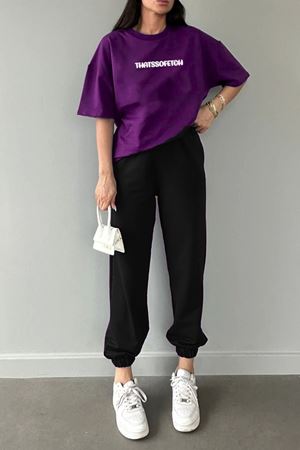 Thatssofetch Mor T-shirt Siyah Eşofman Altı Jogger - Baskılı Alt Üst Takım Bisiklet Yaka