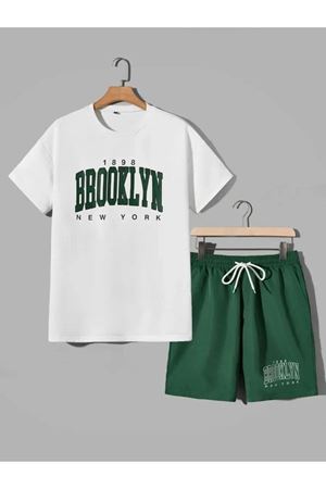 Brooklyn New York 1898 Alt Üst Baskılı Beyaz T-shirt Nefti Yeşil Şort Takım Oversize Unisex