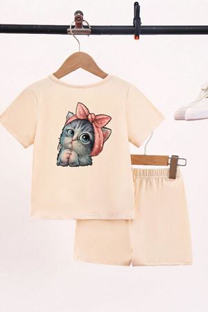 Minik Kedi Baskılı Bej Çocuk Şort T-shirt Takım - Kız Erkek Çocuk Yazlık Bisiklet Yaka