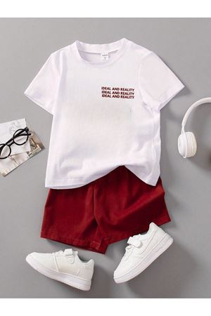 Ideal Pamuklu Çocuk Takım - Beyaz T-shirt Kırmızı Şort Baskılı Kız Erkek Çocuk Yazlık Bisiklet Yaka