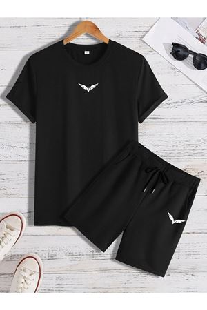Wings T-shirt Şort - Siyah Alt Üst Kombin Şort Tişört Takım Baskılı Oversize Bisiklet Yaka