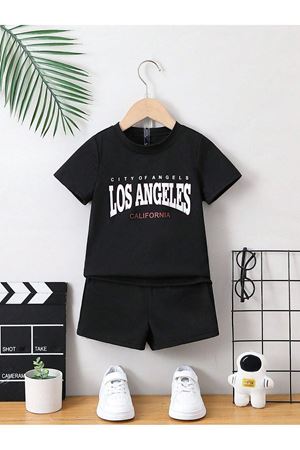 Los Angeles California Baskılı Pamuklu Çocuk Siyah Şort T-shirt Takım-çocuk Yazlık Bisiklet Yaka