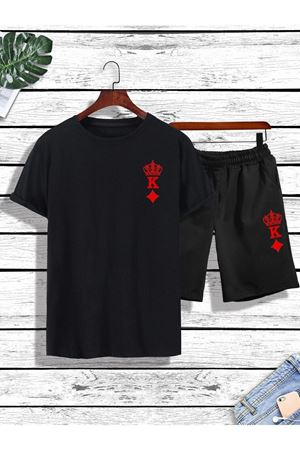 K Taç T-shirt Şort - Siyah Alt Üst Kombin Şort Tişört Takım Baskılı Oversize Bisiklet Yaka