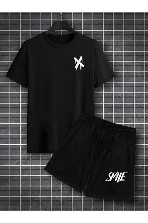 X Smile T-shirt Şort - Siyah Alt Üst Kombin Şort Tişört Takım Baskılı Oversize Bisiklet Yaka