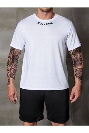 Freedom Yaka T-shirt Şort - Beyaz Siyah Alt Üst Takım Şort Tişört Kombin Baskılı Bisiklet Yaka