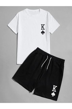K Desen T-shirt Şort - Beyaz Siyah Alt Üst Kombin Şort Tişört Takım Baskılı Oversize Bisiklet Yaka