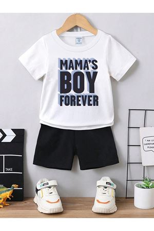 Mamas Boy Pamuk Çocuk Takım - Beyaz T-shirt Siyah Şort Baskılı Kız Erkek Çocuk Yazlık Bisiklet Yaka